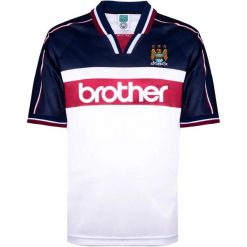 Koszulka wyjazdowa Manchester City Mcfc Fw 1998, mieszanka wielokolorowa. Białe bluzki damskie MANCHESTER CITY, bez wzorów, z materiału, eleganckie, bez kołnierzyka, bez ramiączek. Za 253.99 zł.