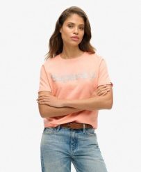 Koszulka z metalicznym logo. Czerwone t-shirty damskie Superdry., m, bez wzorów, z bawełny, bez kołnierzyka. Za 199.90 zł.