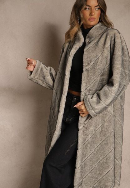 Beżowy Płaszcz Futerko o Długim Kroju z Przeszyciami i Stójką Zeniera. Brązowe płaszcze damskie Renee, l, bez wzorów, z futra, eleganckie. Za 359.99 zł.