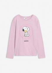 Koszulka z długim rękawem z motywem Snoopy z czystej bawełny. Fioletowe koszulki dziewczęce bonprix, bez wzorów, z bawełny, bez ramiączek. Za 74.99 zł.