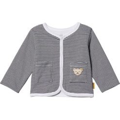 Rozpinany sweter w kolorze granatowym. Niebieskie swetry chłopięce Steiff, z aplikacjami, bez kołnierzyka. W wyprzedaży za 65.95 zł.