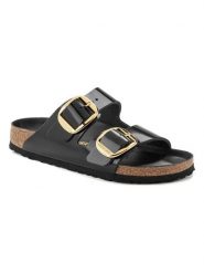 Birkenstock Skórzane klapki "Arizona" w kolorze czarnym rozmiar: 37. Czarne klapki damskie Birkenstock, bez wzorów, z lakierowanej skóry, bez obcasa. Za 573.71 zł.
