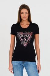 GUESS Czarny t-shirt z logo. Czarne t-shirty damskie Guess, s, z aplikacjami, z bawełny, bez kołnierzyka. W wyprzedaży za 184.99 zł.