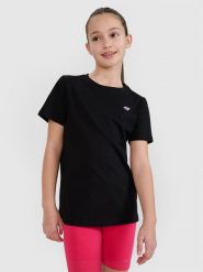 4F T-shirt regular gładki dziewczęcy - czarny 140 (9-10 lat). Czarne koszulki dziewczęce 4f, bez wzorów, z bawełny, bez ramiączek. Za 29.99 zł.