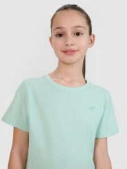 4F T-shirt regular gładki dziewczęcy - turkusowy 128 (7-8 lat). Niebieskie koszulki dziewczęce 4f, bez wzorów, z bawełny, bez ramiączek. Za 29.99 zł.