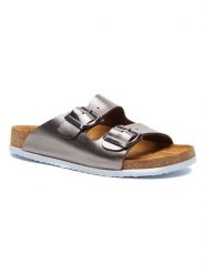 Comfortfusse Skórzane klapki w kolorze srebrnym rozmiar: 40. Szare klapki damskie Comfortfusse, bez wzorów, bez obcasa. Za 298.67 zł.