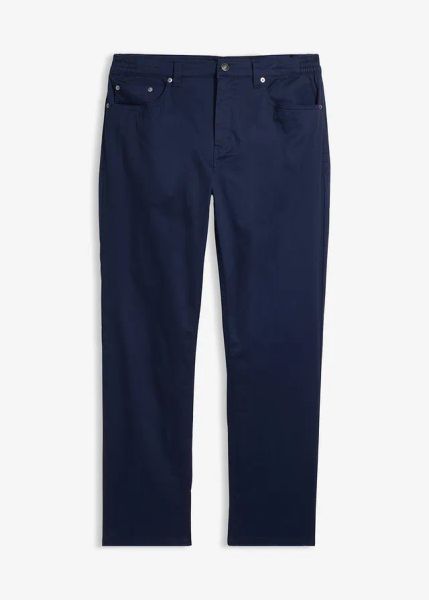 Spodnie ze stretchem o kroju relaxed fit z wygodnym pasem, straight. Niebieskie spodnie materiałowe męskie bonprix, bez wzorów. Za 59.99 zł.