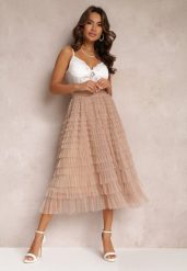 Beżowa Spódnica Midi z Tiulowymi Falbankami Kontha. Brązowe spódniczki damskie Renee, m, bez wzorów, z tiulu, eleganckie, midi. Za 149.99 zł.
