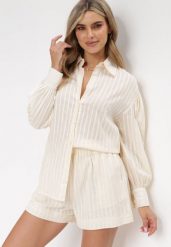 Beżowy 2-cześciowy Komplet z Szortami i Elegancką Koszulą Alesa. Brązowe koszule damskie Born2be, m, bez wzorów, eleganckie, bez kołnierzyka, bez ramiączek. Za 169.99 zł.