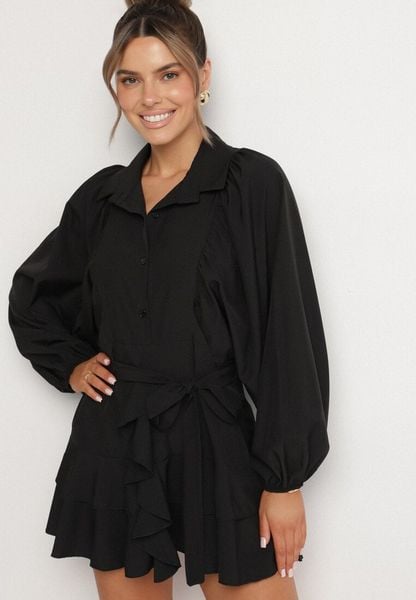 Czarna Sukienka Ozdobiona Paskiem i Falbanami Divilena. Czarne sukienki damskie Born2be, na co dzień, s, bez wzorów, z jeansu, eleganckie, bez kołnierzyka, bez ramiączek, mini. Za 44.99 zł.