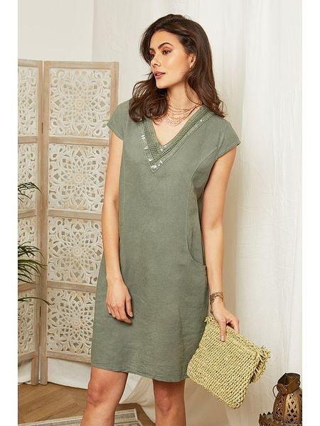 Lin Passion Lniana sukienka w kolorze khaki rozmiar: 38/40. Brązowe sukienki damskie Lin Passion, na co dzień, bez wzorów, z koronki, klasyczne, bez kołnierzyka, bez ramiączek, mini, proste. Za 140.86 zł.