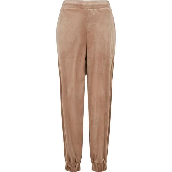 Damskie spodnie dresowe z wysokim stanem wykonane z weluru, o kroju z bufiastymi. Brązowe spodnie dresowe damskie Urban Classics, z dresówki. Za 198.50 zł.