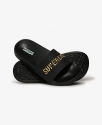 Superdry Vegan Logo Pool Klapki – Black/Metallic Gold. Czarne klapki damskie Superdry., z poliesteru. Za 184.70 zł.