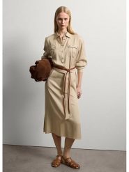 STEFANEL Sukienka w kolorze beżowym rozmiar: M. Brązowe sukienki damskie Stefanel, na co dzień, m, bez wzorów, z tkaniny, bez kołnierzyka, bez ramiączek, midi, proste. Za 304.99 zł.