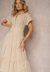 Beżowa Ażurowa Sukienka z Bawełny z Krótkim Rękawem i Guzikami Obitha. Brązowe sukienki damskie Renee, na lato, l, w ażurowe wzory, z bawełny, eleganckie, bez kołnierzyka, bez ramiączek, midi, rozkloszowane. Za 199.99 zł.