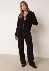 Czarny Komplet Dresowy z Prążkowanego Materiału Bluza z Kapturem i Spodnie Alatha. Czarne bluzy sportowe damskie Born2be, l, bez wzorów, z dresówki, bez ramiączek, z kapturem. Za 169.99 zł.