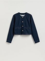 Jeansowa marynarka - granatowy. Niebieskie marynarki i żakiety damskie Reserved, l, bez wzorów, z denimu. Za 129.99 zł.