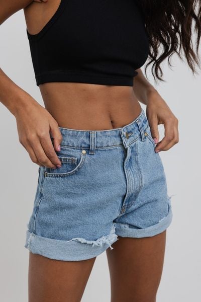 Szorty jeansowe z wysokim stanem w kolorze BLUE - VANITY. Niebieskie szorty damskie Marsala, bez wzorów, z denimu, casualowe, z podwyższonym stanem. Za 349.90 zł.