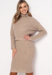 Ciemnobeżowy Komplet Dzianinowy z Wełną i Bawełną Golf i Dopasowana Sukienka Reilaia. Brązowe golfy damskie Born2be, bez wzorów, z bawełny, bez ramiączek. Za 109.99 zł.