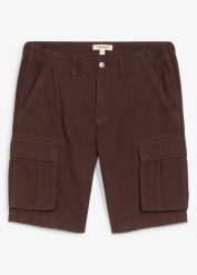 Lekkie bermudy jeansowe z elastyczną wstawką w talii, z kolorowego denimu, relaxed fit. Brązowe szorty męskie bonprix, bez wzorów, z denimu. Za 47.99 zł.
