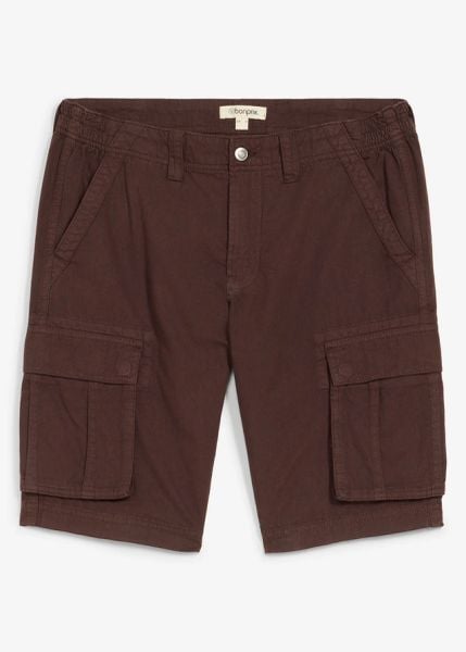 Lekkie bermudy jeansowe z elastyczną wstawką w talii, z kolorowego denimu, relaxed fit. Brązowe szorty męskie bonprix, bez wzorów, z denimu. Za 47.99 zł.