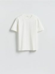 Gładki t-shirt regular fit - złamana biel. T-shirty męskie Reserved, l, bez wzorów, z bawełny, bez kołnierzyka. Za 99.99 zł.