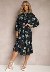 Czarno-Niebieska Midi Sukienka w Kwiaty o Rozkloszowanym Kroju z Rękawami Nietoperz Jervia. Czarne sukienki damskie Renee, l, bez wzorów, eleganckie, bez kołnierzyka, bez ramiączek, midi, rozkloszowane. W wyprzedaży za 51.99 zł.