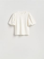 T-shirt z bufiastymi rękawami - złamana biel. T-shirty damskie Reserved, l, bez wzorów, z dzianiny, bez kołnierzyka. Za 69.99 zł.