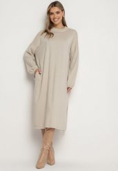 Beżowa Pudełkowa Sukienka z Wiskozą Ozdobiona Metaliczną Nicią Arfalea. Brązowe sukienki damskie Born2be, na co dzień, bez wzorów, z jeansu, eleganckie, bez kołnierzyka, bez ramiączek, midi, proste. W wyprzedaży za 103.99 zł.