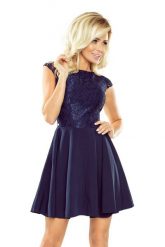 Granatowa sukienka na wesele rozkloszowana z koronkową górą. Sukienki damskie Sukienki.shop, na imprezę, xl, bez wzorów, z koronki, wizytowe, bez kołnierzyka, bez ramiączek, rozkloszowane. Za 149.00 zł.