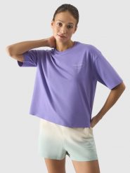 4F T-shirt oversize z nadrukiem damski - fioletowy S. Fioletowe t-shirty damskie 4f, s, bez wzorów, z bawełny, bez kołnierzyka. W wyprzedaży za 39.99 zł.