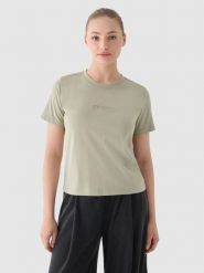 4F T-shirt regular z nadrukiem damski - oliwkowy/khaki L. Brązowe t-shirty damskie 4f, l, bez wzorów, z bawełny, bez kołnierzyka. W wyprzedaży za 29.99 zł.