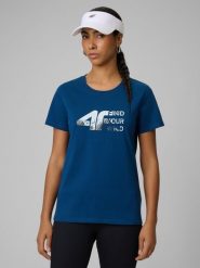 4F T-shirt regular z nadrukiem damski - turkusowy S. Niebieskie t-shirty damskie 4f, s, bez wzorów, z bawełny, bez kołnierzyka. Za 59.99 zł.
