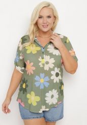 Ciemnozielona Wiskozowa Koszula Zapinana na Guziki z Rękawem Długości 3/4 i Wzorem w Kwiaty Xebbia. Zielone koszule damskie Born2be, bez wzorów, z jeansu, biznesowe, bez kołnierzyka, bez ramiączek. Za 89.99 zł.