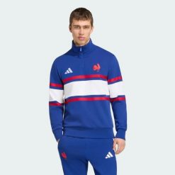 Bluza z krótkim suwakiem Francja Rugby Travel. Niebieskie bluzy bez kaptura męskie Adidas, xl, z bawełny. Za 399.00 zł.