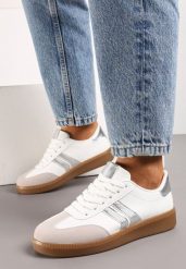 Biało-Srebrne Sznurowane Sneakersy Tenisówki z Kauczukową Podeszwą Gialessa. Białe trampki i tenisówki damskie Renee, bez wzorów, z kauczuku. Za 89.99 zł.