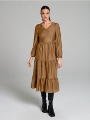 Sukienka midi z efektem stopniowania - brązowy. Brązowe sukienki damskie Sinsay, l, bez wzorów, bez kołnierzyka, bez ramiączek, midi. Za 42.99 zł.