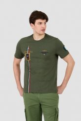 AERONAUTICA MILITARE Zielony t-shirt Frecce Tricolori Short Sleeve. Zielone t-shirty męskie AERONAUTICA MILITARE, m, bez wzorów, bez kołnierzyka. W wyprzedaży za 219.99 zł.