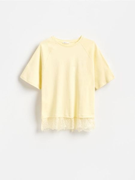 T-shirt z bawełny merceryzowanej - jasnożółty. Żółte t-shirty damskie Reserved, l, bez wzorów, z bawełny, bez kołnierzyka. Za 89.99 zł.