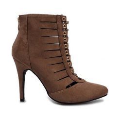 Brązowe Ażurowe botki na szpilce taupe Mokka. Brązowe botki damskie ButyModne, na jesień, eleganckie, ze szpiczastym noskiem, bez obcasa, na obcasie, bez zapięcia. Za 69.00 zł.