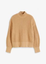 Sweter oversize z czystej bawełny. Brązowe golfy damskie bonprix, bez wzorów, z bawełny, bez ramiączek. Za 124.99 zł.