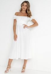 Biała Sukienka Midi z Dekoltem Carmen i Bufiastymi Rękawkami Amarhis. Białe sukienki damskie Born2be, na co dzień, m, bez wzorów, eleganckie, bez kołnierzyka, bez ramiączek, midi, proste. W wyprzedaży za 135.99 zł.