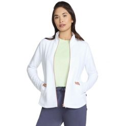 Bluza dresowa sportowa damska The Hoodless Hoodie GoWalk Shine Jacket. Białe bluzy sportowe damskie Skechers, bez wzorów, z dresówki, bez ramiączek, bez kaptura. Za 249.99 zł.