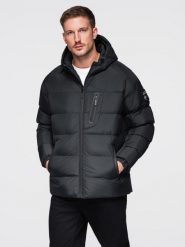 Pikowana ocieplana kurtka męska z raglanowym rękawem – czarna V4. Czarne kurtki męskie Ombre Clothing, m, z aplikacjami, z materiału, bez kaptura. Za 369.99 zł.