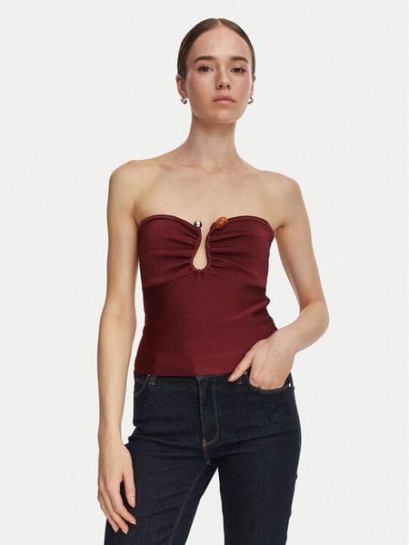 Guess Top W6YR37 Z1042 Bordowy Slim Fit. Czerwone topy damskie Guess, s, z aplikacjami, z wiskozy, bez kołnierzyka. Za 394.99 zł.