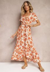 Pomarańczowa Rozkloszowana Sukienka z Wiskozy z Gumką w Pasie i Materiałowym Paskiem Vikllia. Brązowe sukienki damskie Renee, na lato, l, bez wzorów, z materiału, eleganckie, bez kołnierzyka, bez ramiączek, maxi, dopasowane. W wyprzedaży za 95.99 zł.
