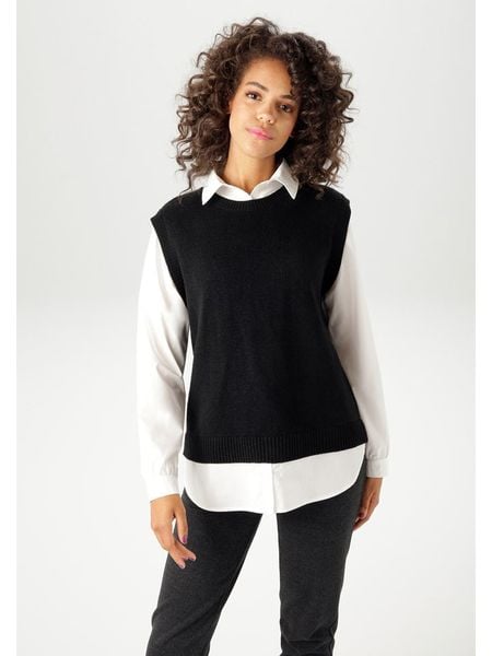 Aniston Sweter w kolorze czarno-białym rozmiar: 44. Białe swetry klasyczne damskie Aniston, z bawełny, bez kołnierzyka. Za 66.16 zł.