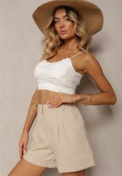 Beżowe Luźne Szorty Bermudy z Bawełny High Waist Farsefia. Brązowe szorty damskie Renee, bez wzorów, z bawełny, z podwyższonym stanem. Za 99.99 zł.