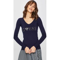 Guess Jeans - Sweter. Niebieskie swetry klasyczne damskie Guess Jeans, xs, z dzianiny, bez kołnierzyka. W wyprzedaży za 199.90 zł.
