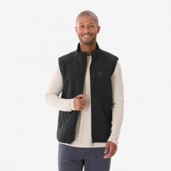 Kamizelka turystyczna męska Quechua Softshell 100. Czarne kurtki softshell damskie QUECHUA, m, bez wzorów, z materiału, bez kaptura. Za 129.99 zł.